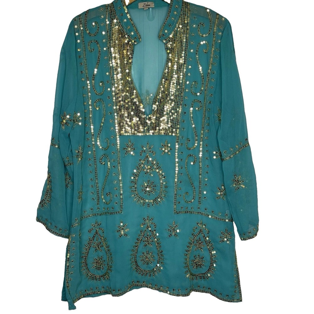 Zolena Tunic Top Cover Up Sheer Beaded Turquoise LG India Resort Boho Cruise